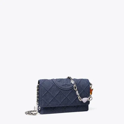 Tory Burch Fleming Denim Charm Chain Crossbody In Blue