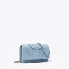Tory Burch Fleming Denim-print Suede Chain Wallet In Denim