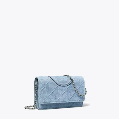 Tory Burch Fleming Denim-print Suede Chain Wallet