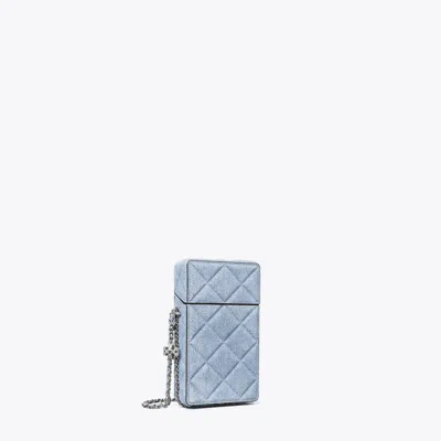 Tory Burch Fleming Denim-print Suede Phone Crossbody In Blue