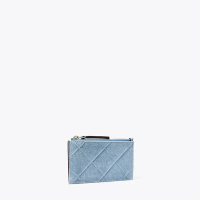 Tory Burch Fleming Denim-print Suede Zip Card Case In Blue