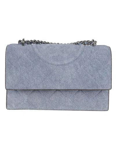 Tory Burch Fleming Denim Small Convertible Shoulder Bag In Medium Wash Denim