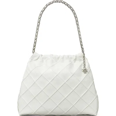 Tory Burch Fleming Distressed Quilted Leather Hobo Bag In Blanc