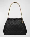 Tory Burch Fleming Drawstring Leather Hobo Bag In Black