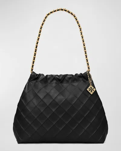 Tory Burch Fleming Drawstring Leather Hobo Bag In Black