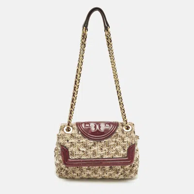 Pre-owned Tory Burch Fleming Flap Small Burgundy/beige Quilted Leather And Tweed Shoulder Bag