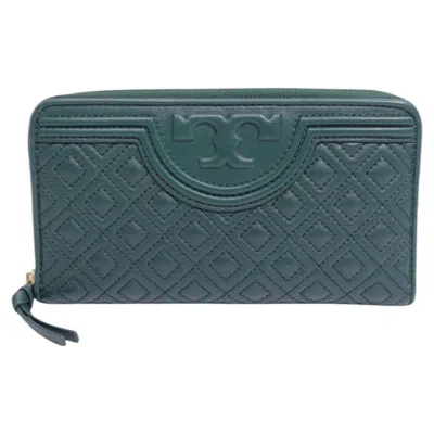Pre-owned Tory Burch Fleming Forest Green Quilted Leather Zip Around Wallet