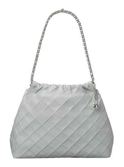 TORY BURCH 'FLEMING' GREY DIAMOND QUILTED SHOULDER BAG WITH CHAIN-LINK HANDLES IN LEATHER WOMAN