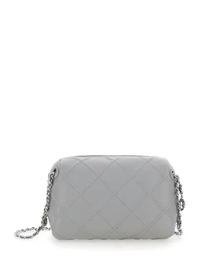 TORY BURCH 'FLEMING' GREY DIAMOND QUILTED SHOULDER BAG WITH CHAIN-LINK SHOULDER STRAP IN LEATHER WOMAN