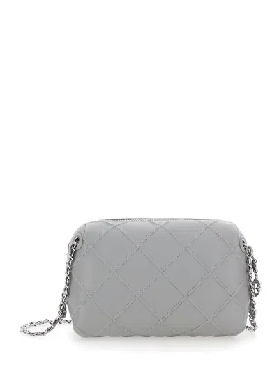 Tory Burch Fleming Grey Diamond Quilted Shoulder Bag With Chain-link Shoulder Strap In Leather Woman