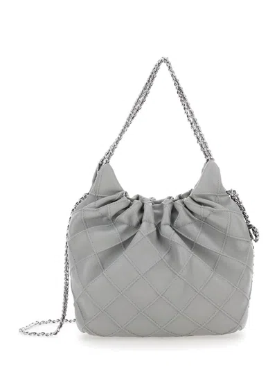 Tory Burch Fleming Grey Shoulder Bag With Chain-link Shoulder Strap And Double T Motif In Grained Leather Woman