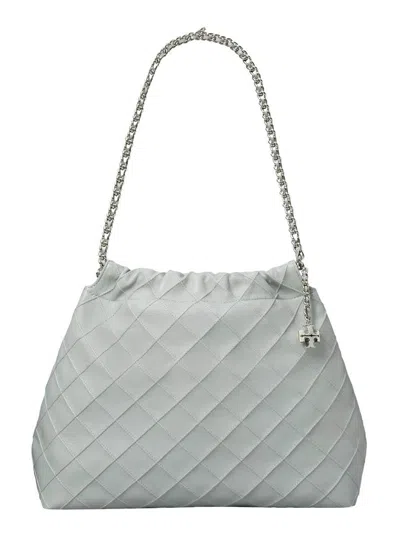 TORY BURCH 'FLEMING' GREY DIAMOND QUILTED SHOULDER BAG WITH CHAIN-LINK HANDLES IN LEATHER WOMAN