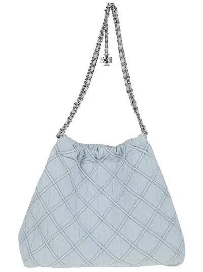 Tory Burch 'fleming' Grey Diamond Quilted Shoulder Bag With Chain-link Handles In Leather Woman In Gray