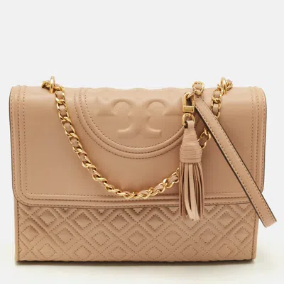 Pre-owned Tory Burch Fleming Medium Beige Leather Shoulder Bag In Sand
