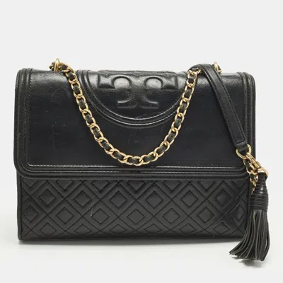 Pre-owned Tory Burch Fleming Medium Black Leather Shoulder Bag