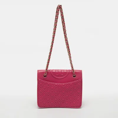 Pre-owned Tory Burch Fleming Medium Pink Quilted Leather Shoulder Bag
