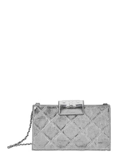 Tory Burch Fleming Metallic  Mini Chain Wallet In Gray