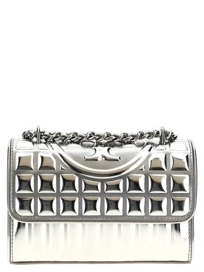 Tory Burch Fleming Metallic Square Quilt Shoulder Bag In Silver