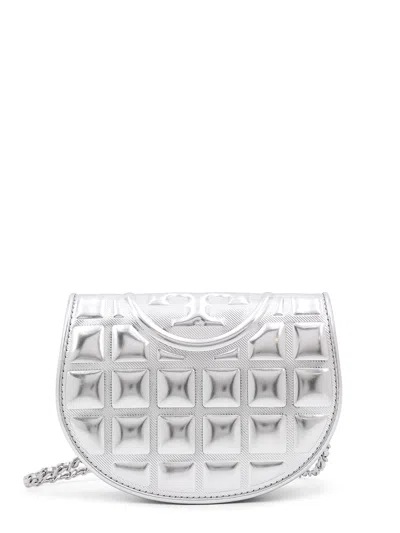 Tory Burch Fleming Metallic Square Quilt Wallet On Chain In Silver