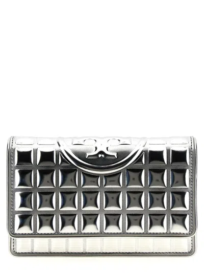 Tory Burch 'fleming Metallic Square Quilt' Wallet On Chain In Silver