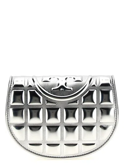Tory Burch 'fleming Metallic Square Quilt' Wallet On Chain In Silver