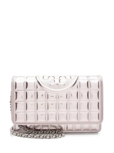 Pre-owned Tory Burch Fleming Metallic Square Wallet Chain In Silver