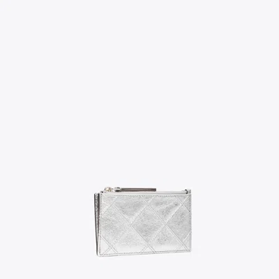 Tory Burch Fleming Metallic Zip Card Case In Silver