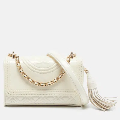 Pre-owned Tory Burch Fleming Micro Quilted Patent Leather Crossbody Bag In White