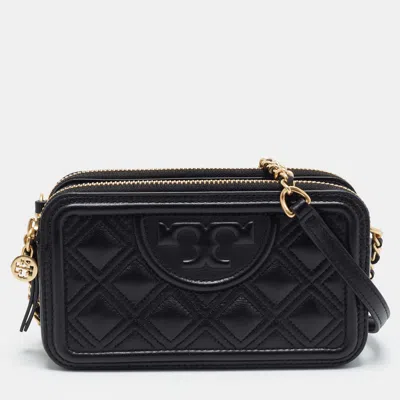 Pre-owned Tory Burch Fleming Mini Black Leather Double Zip Shoulder Bag