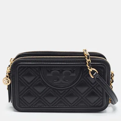 Pre-owned Tory Burch Fleming Mini Black Quilted Leather Double Zip Shoulder Bag