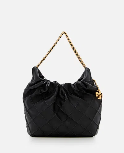 Tory Burch Fleming Mini Quilted Leather Hobo Bag In Black