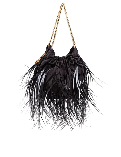 Tory Burch Fleming Mini Hobo Fabric Bag With Feathers And Beads In Black