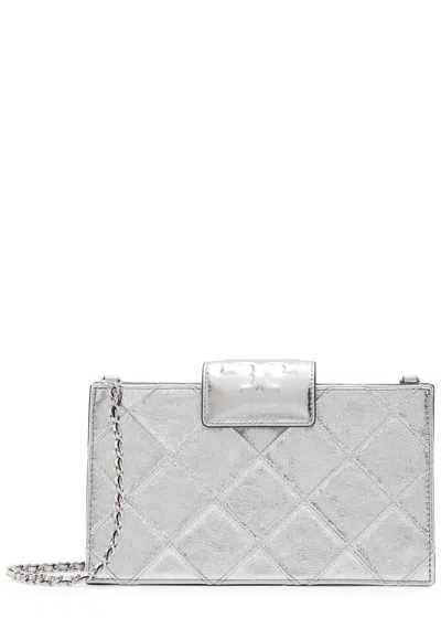 Tory Burch Fleming Mini Metallic Leather Wallet-on-chain In Silver