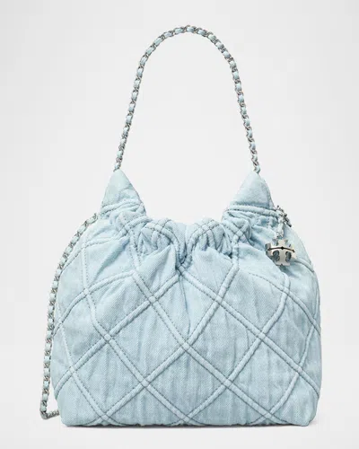 Tory Burch Fleming Mini Quilted Denim Hobo Bag In Seltzer