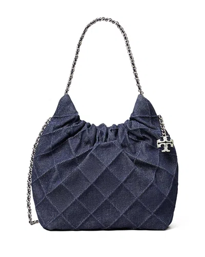 Tory Burch Fleming Mini Soft Denim Hobo Bag In Blue