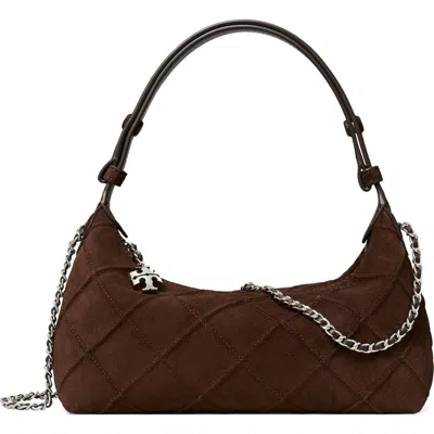 Tory Burch Fleming Pochette Quilted Suede Shoulder Bag In Brown