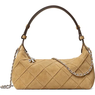 Tory Burch Fleming Pochette Quilted Suede Shoulder Bag In Brown