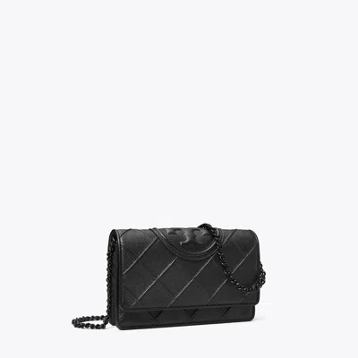 Tory Burch Fleming Polished-grained Chain Wallet In Black
