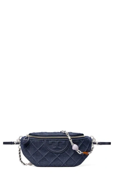 Tory Burch Fleming Quilted Denim Belt Bag In Blue