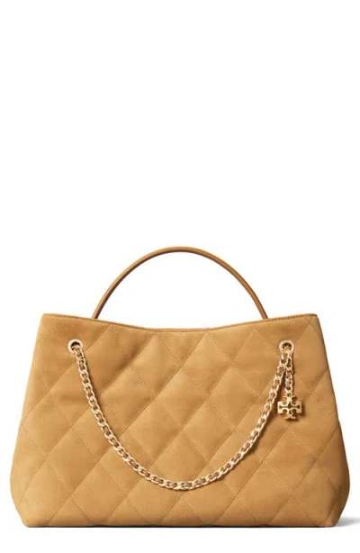 Tory Burch Fleming Quilted Suede Carryall Tote In Brown