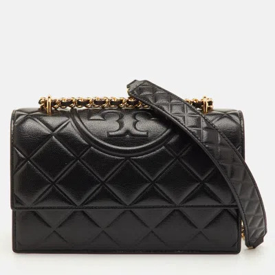 Pre-owned Tory Burch Fleming Small Black Leather Convertible Shoulder Bag