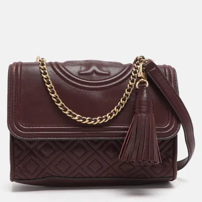 Pre-owned Tory Burch Fleming Small Burgundy Leather Shoulder Bag