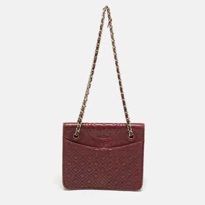 Pre-owned Tory Burch Fleming Small Burgundy Leather Shoulder Bag