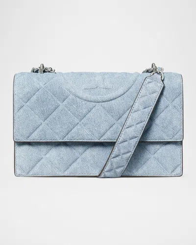 Tory Burch Fleming Small Convertible Denim Shoulder Bag In Medium Wash Denim