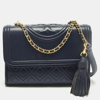 Pre-owned Tory Burch Fleming Small Navy Blue Leather Shoulder Bag