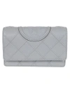 Tory Burch Soft Grained Chain Wallet With Woven Strap In Grey