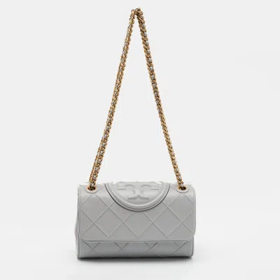 Pre-owned Tory Burch Fleming Soft Convertible Small Bay Grey Quilted Leather Shoulder Bag In Gray