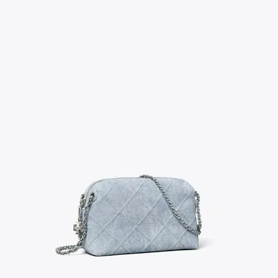 Tory Burch Fleming Soft Denim-print Suede Crossbody Bag In Blue