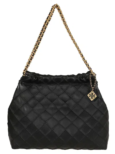 Tory Burch Fleming Black Diamond Quilted Shoulder Bag With Chain-link Handles In Leather Woman