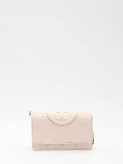 Tory Burch Fleming Soft Grained Chain Wallet In Beige